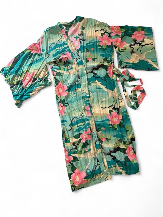 Other - Kimono Style Floral Crane Robe Ocean Print Japanese Inspired Cover Up S/M